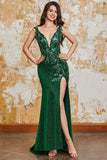 Dark Green Mermaid Sparkly Long Appliqued Prom Dress with Slit