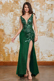 Dark Green Mermaid Sparkly Long Appliqued Prom Dress with Slit