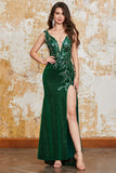 Dark Green Mermaid Sparkly Long Appliqued Prom Dress with Slit