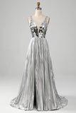 Sparkly Silver A-Line V-Neck Pleated Prom Dress with Slit