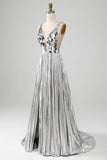 Sparkly Silver A-Line V-Neck Pleated Prom Dress with Slit