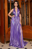 Purple A-Line Deep V Neck Pleated Metallic Glitter Long Prom Dress with Slit