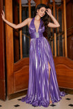 Purple A-Line Deep V Neck Pleated Metallic Glitter Long Prom Dress with Slit