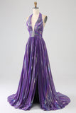 Glitter Purple Pleated Metallic Long Prom Dress with Slit