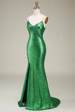 Sparkly Mermaid Spaghetti Straps Green Sequins Prom Dress with Split Front