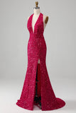 Fuchsia Mermaid Halter Backless Sparkly Sequin Prom Dress With Slit