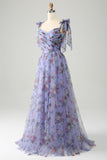 Lavender A-Line Off The Shoulder Floral Print Pleated Tulle Prom Dress