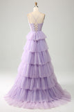 Lilac Princess Spaghetti Straps Tiered Corset Tulle Prom Dress with Appliques