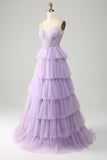 Lilac Princess Spaghetti Straps Tiered Corset Tulle Prom Dress with Appliques