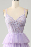 Lilac Princess Spaghetti Straps Tiered Corset Tulle Prom Dress with Appliques