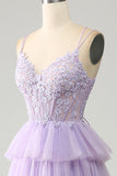 Lilac Princess Spaghetti Straps Tiered Corset Tulle Prom Dress with Appliques