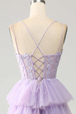 Lilac Princess Spaghetti Straps Tiered Corset Tulle Prom Dress with Appliques