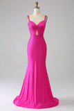 Sparkly Hot Pink Mermaid Spaghetti Straps Hollow-Out Long Prom Dress