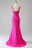 Sparkly Hot Pink Mermaid Spaghetti Straps Hollow-Out Long Prom Dress