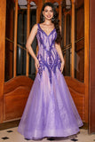 Stunning Purple Mermaid V Neck Sequins Long Prom Dress with Open Back