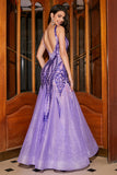 Stunning Purple Mermaid V Neck Sequins Long Prom Dress with Open Back