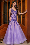 Stunning Purple Mermaid V Neck Sequins Long Prom Dress with Open Back