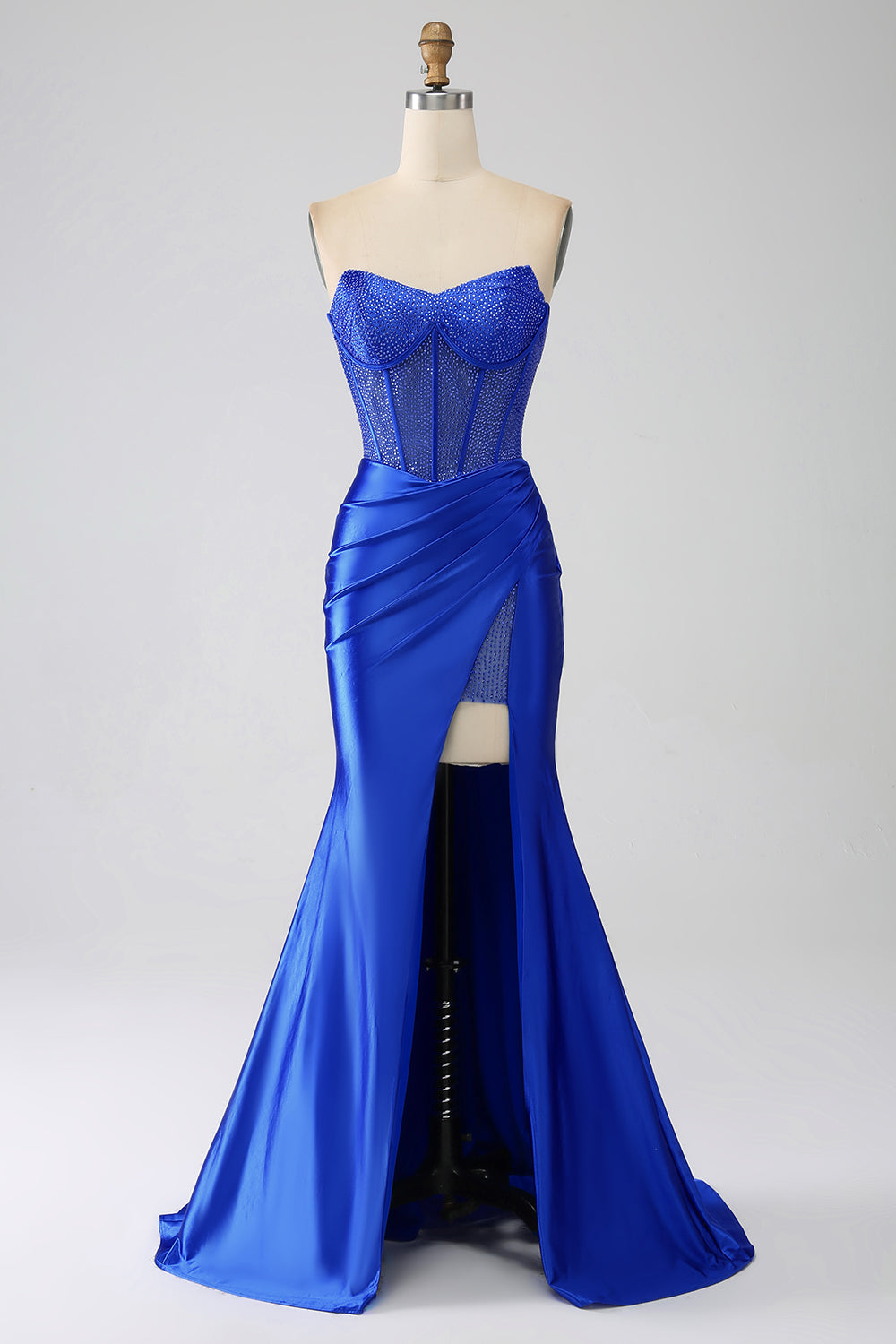 Emiliana Royal Blue Strapless Dress – Elegant Corset Gown with Slit, KissProm