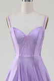 Sparkly Simple Lilac A-Line Side Slit Corset Prom Dresses with Rhinestones