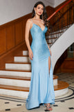 Sparkly Mermaid Beaded Long Blue Prom Dress with Slit