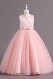 Blush A-Line Sleeveless Tulle Flower Girl Dress with Beading