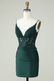 Bodycon Dark Green Spaghetti Straps Corset Homecoming Dress with Beading