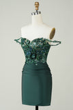 Unique Sheath Off the Shoulder Dark Green Short Homecoming Dress with Appliques