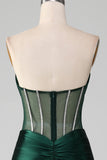 Dark Green Mermaid Strapless Corset Pleated Long Prom Dress With Slit