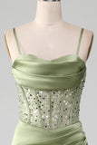 Sage Green Mermaid Sparkly Sequin Pleated Corset Satin Prom Dress