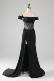 Black Off the Shoulder Corset Satin Mermaid Prom Dress with Slit