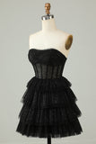 Black A Line Strapless Tiered Corset Homecoming Dress