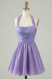 A Line Purple Halter Open Back Sleeveless Short Homecoming Dress