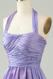 A Line Purple Halter Open Back Sleeveless Short Homecoming Dress