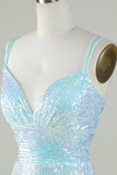 Sparkly Light Blue Sheath Sequins Short Homecoming Dress with Criss Cross Back